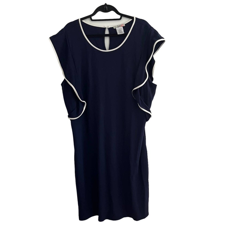 Love Squared Dress Size 3X Navy Blue Sleeveless White Ruffle Trim Keyhole Back